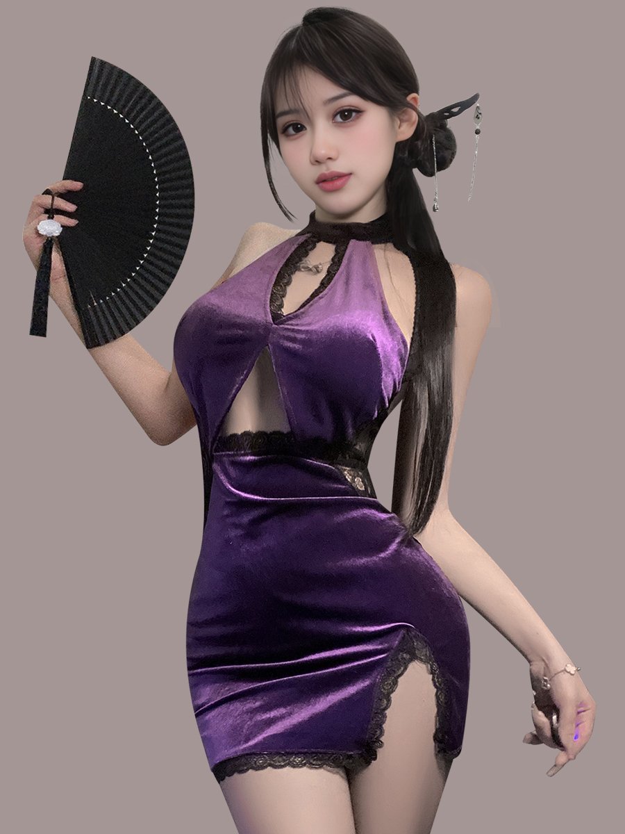 ベルベット素材パープルバックレスチャイナドレス